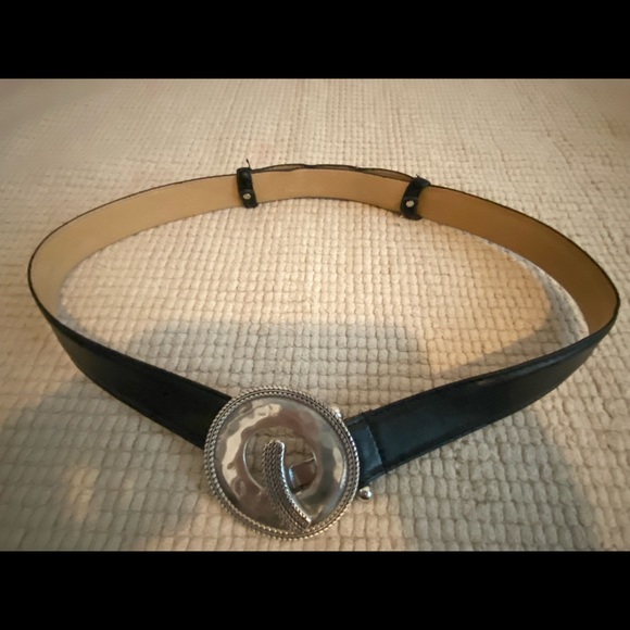 Adjustable Black Leather Belt w/Silver Buckle - Picture 3 of 3